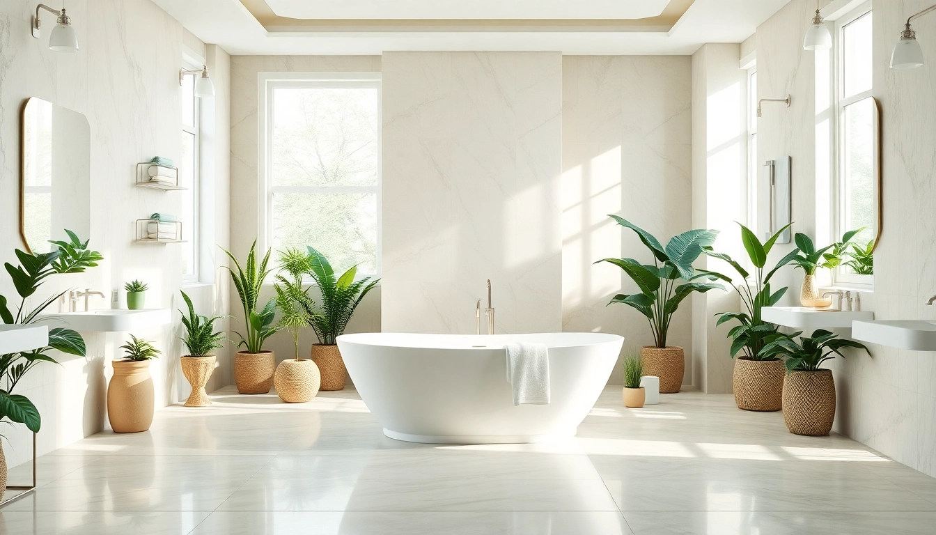 Transform your space with elegant bathrooms featuring a freestanding bathtub surrounded by greenery.
