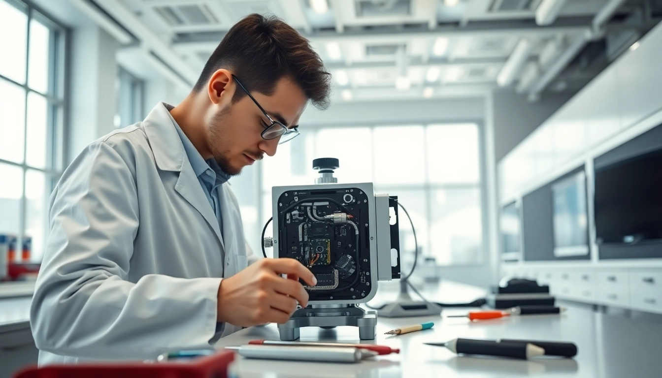 Technician operating the das 140 in a high-tech lab with modern tools and bright lighting.
