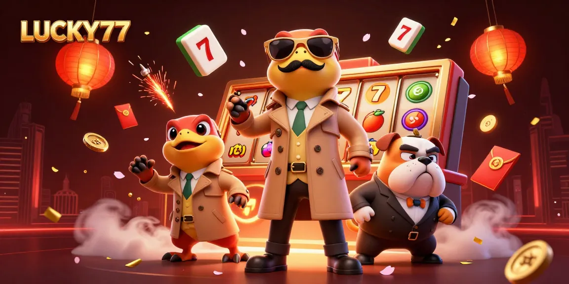 Experience LUCKY77 excitement with cartoon raptors in a trench coat at a casino!