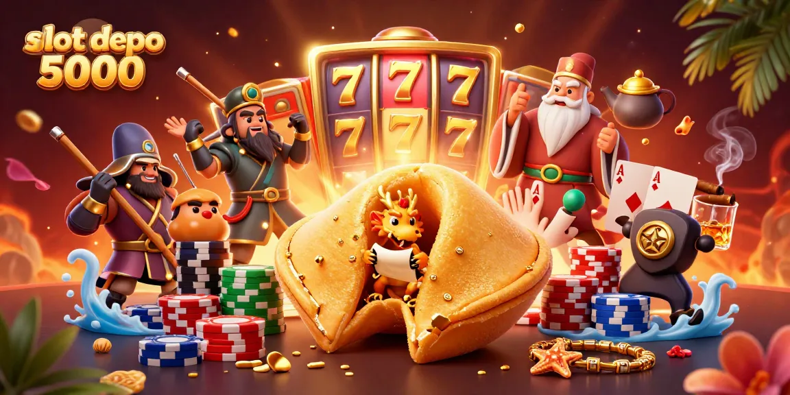Win big at slot depo 5000 with golden fortune and playful casino characters amidst thrilling slot elements.