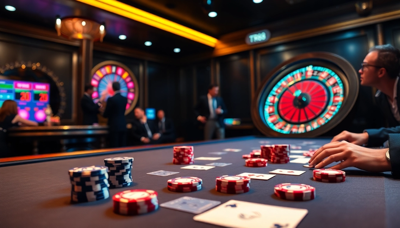 Engaged players at a luxurious TR88 casino poker table enjoying an upscale gambling experience.