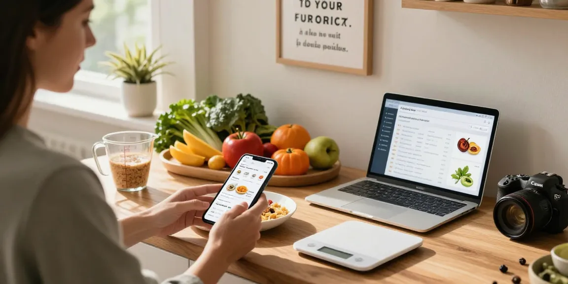 Finding the best food tracker while preparing a healthy meal in a modern kitchen.