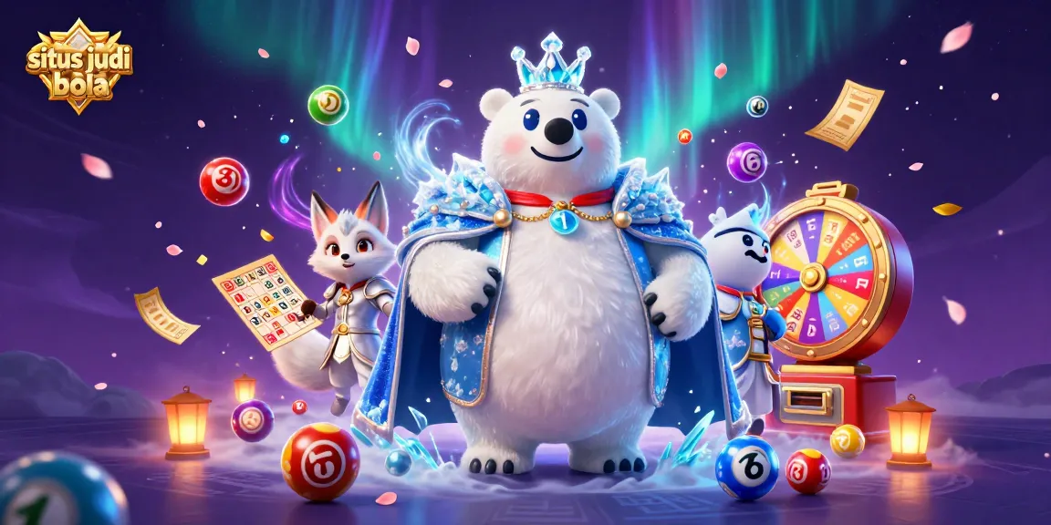 Join the excitement with situs judi bola as colorful lottery balls bounce amidst a snowy royal scene.