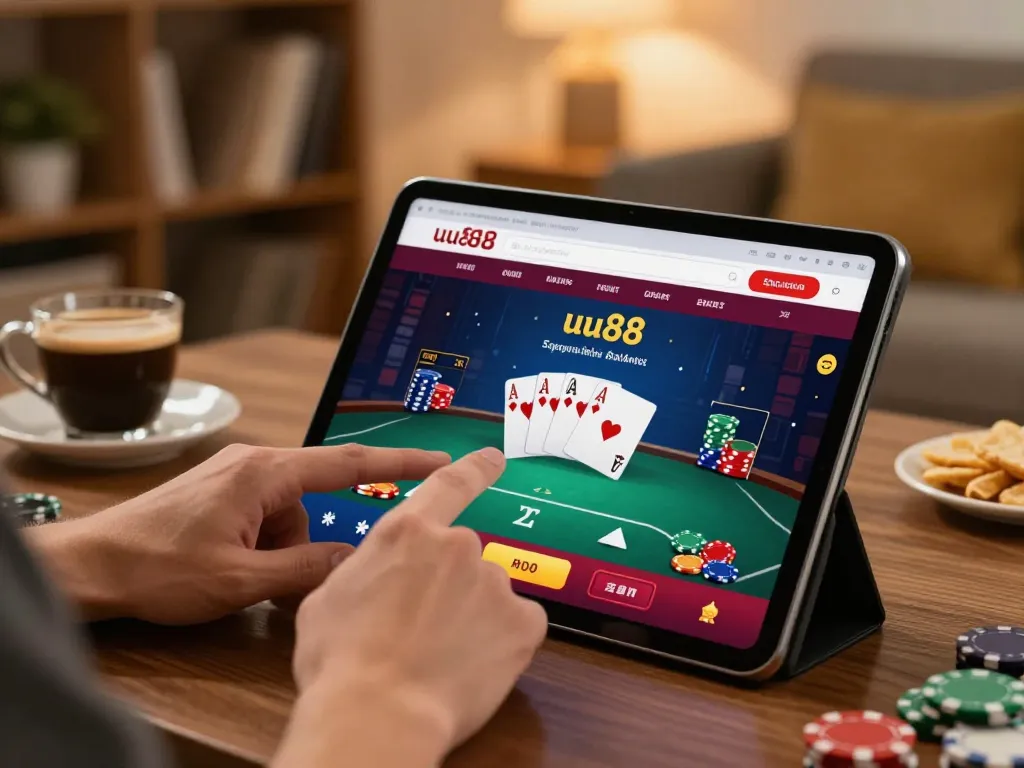 Engaging player using uu88 for poker game on a tablet at home with ambient lighting