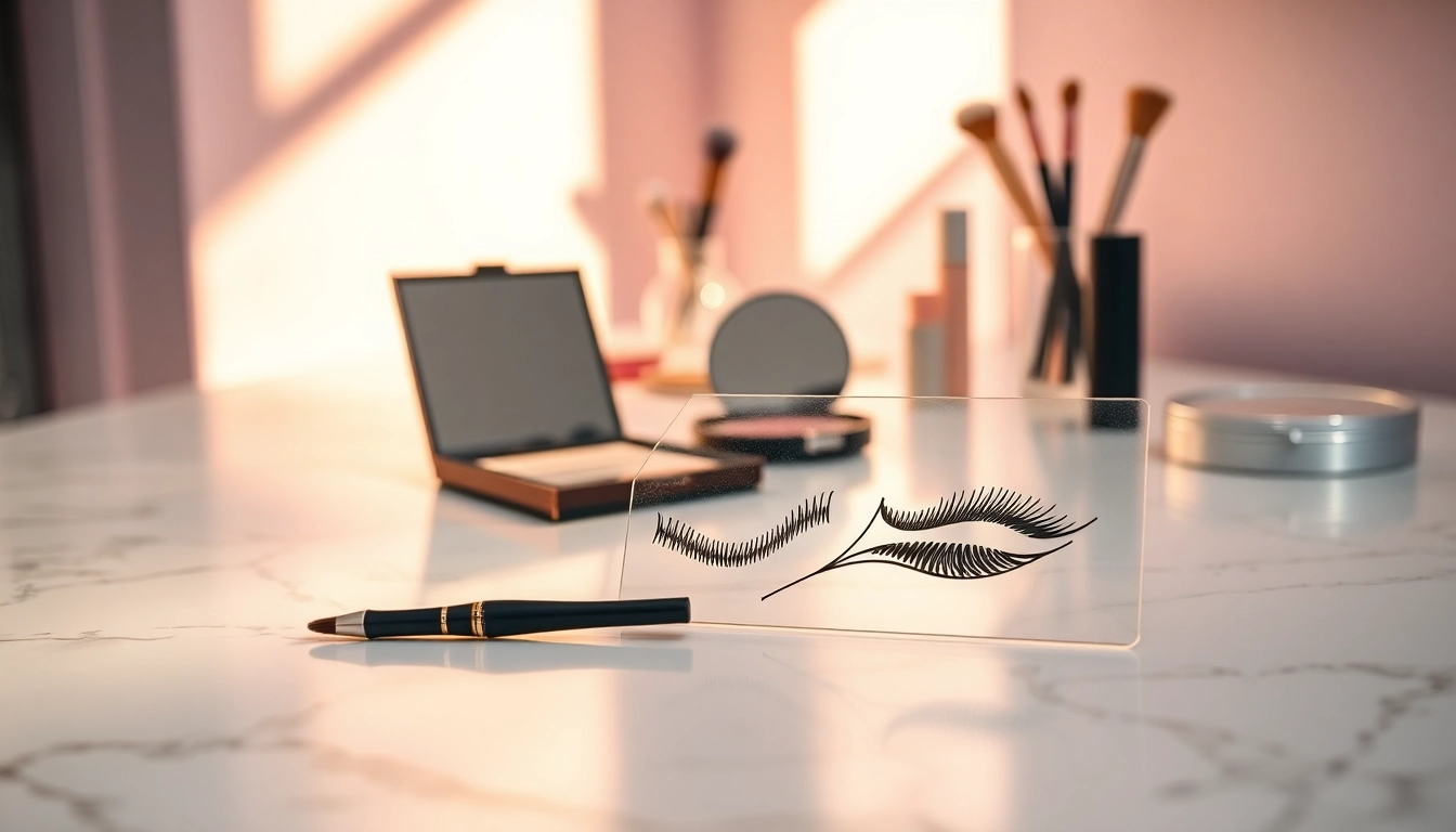 Applying makeup with an innovative eyeliner stencil for precise and stylish results.