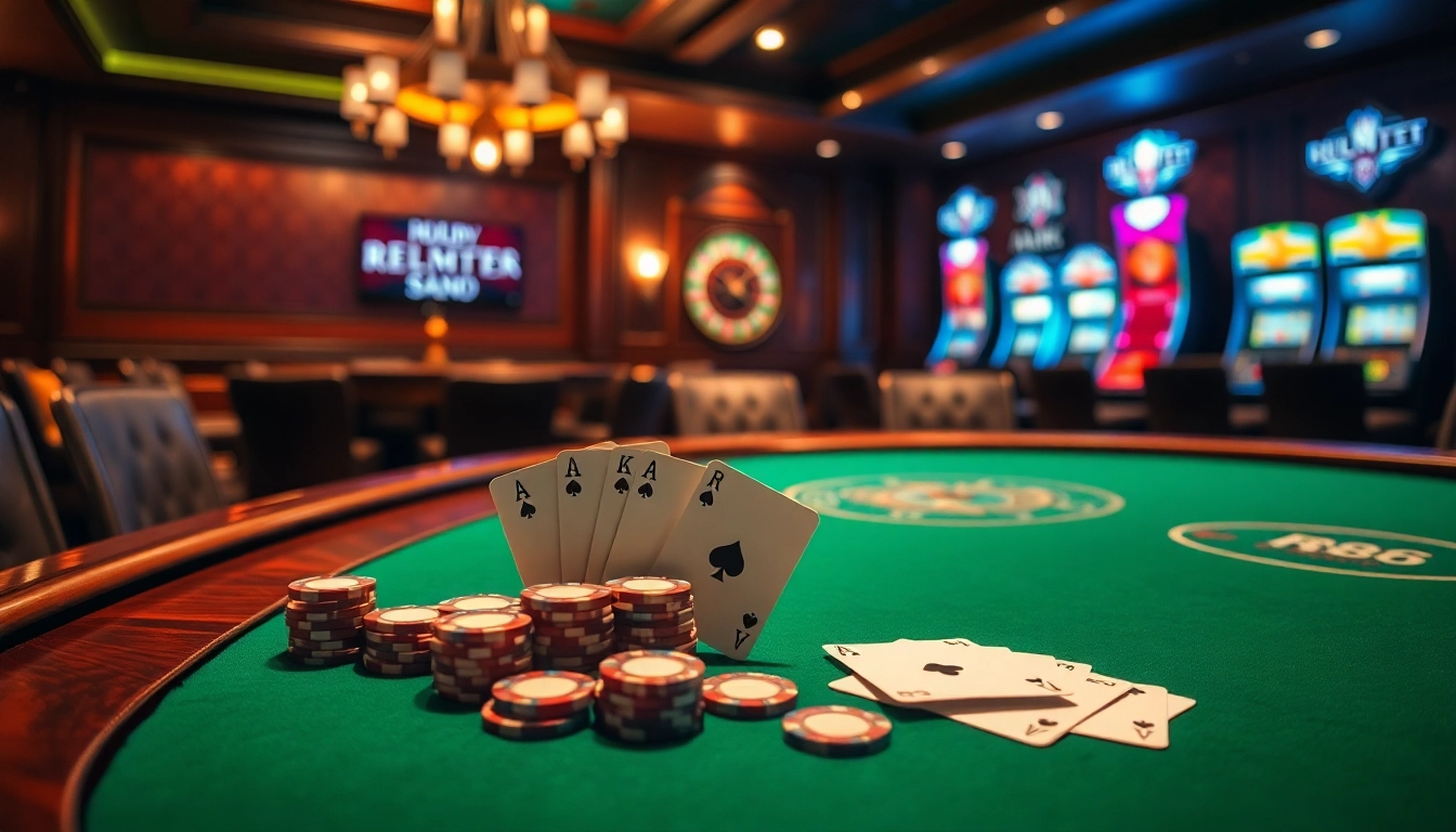 RR88 poker table surrounded by chips and cards in an elegant casino scene.