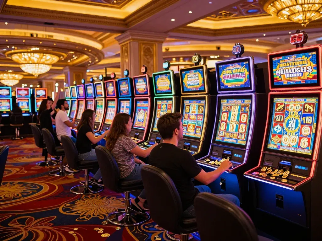 Players celebrating a win at high-energy slot machines highlighting top quality widgets in a lively casino
