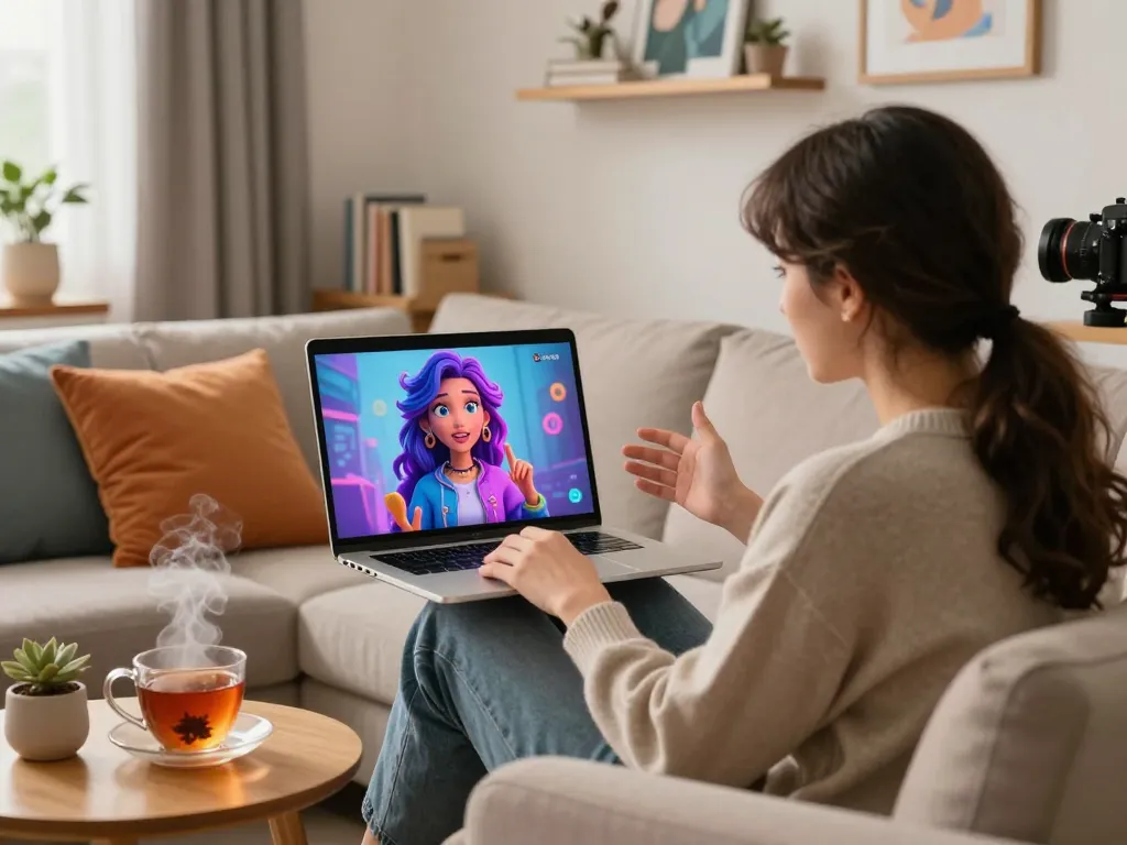 Engaging NSFW chat experience with AI character on laptop, cozy room atmosphere.