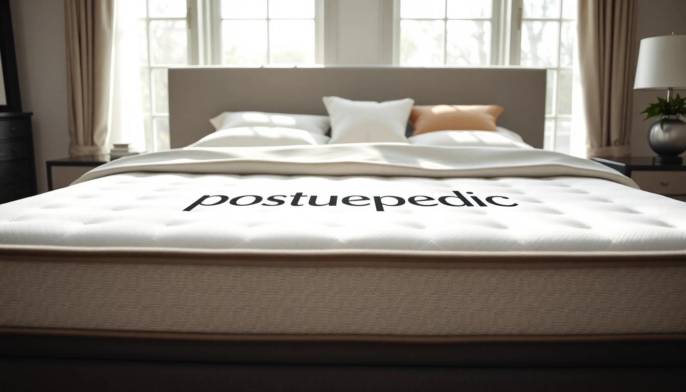 Showcasing the posturepedic logo on a luxury mattress in a beautifully decorated bedroom.