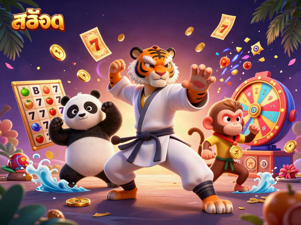 Spin the สล็อต reels with a kung fu tiger master and friends in a rich, vibrant casino scene.