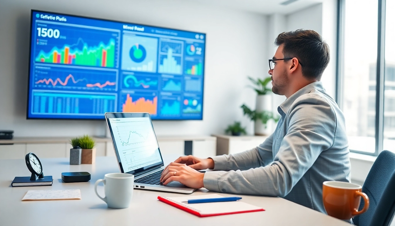 Analyze SEO performance data in a vibrant office setting featuring vibrant charts and a professional atmosphere.