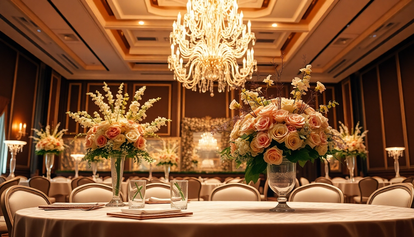 A beautiful wedding event space Jacksonville showcases lavish decorations and warm lighting.