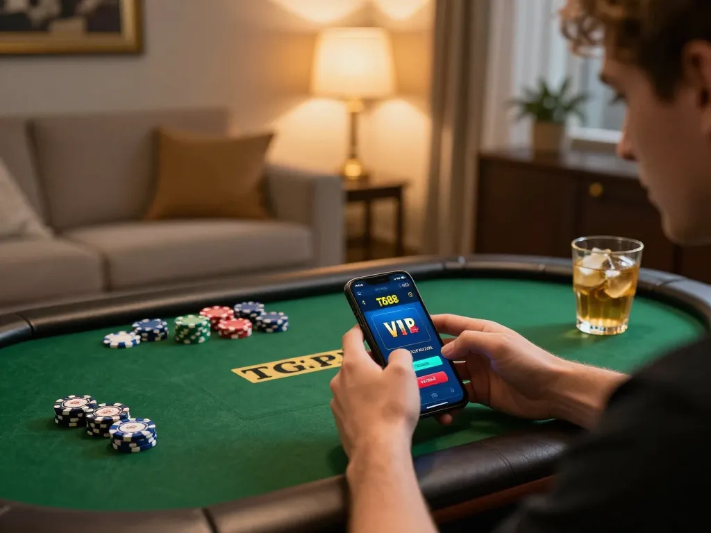 TG88 VIP online gaming experience with a smartphone and poker chips in a cozy home environment.