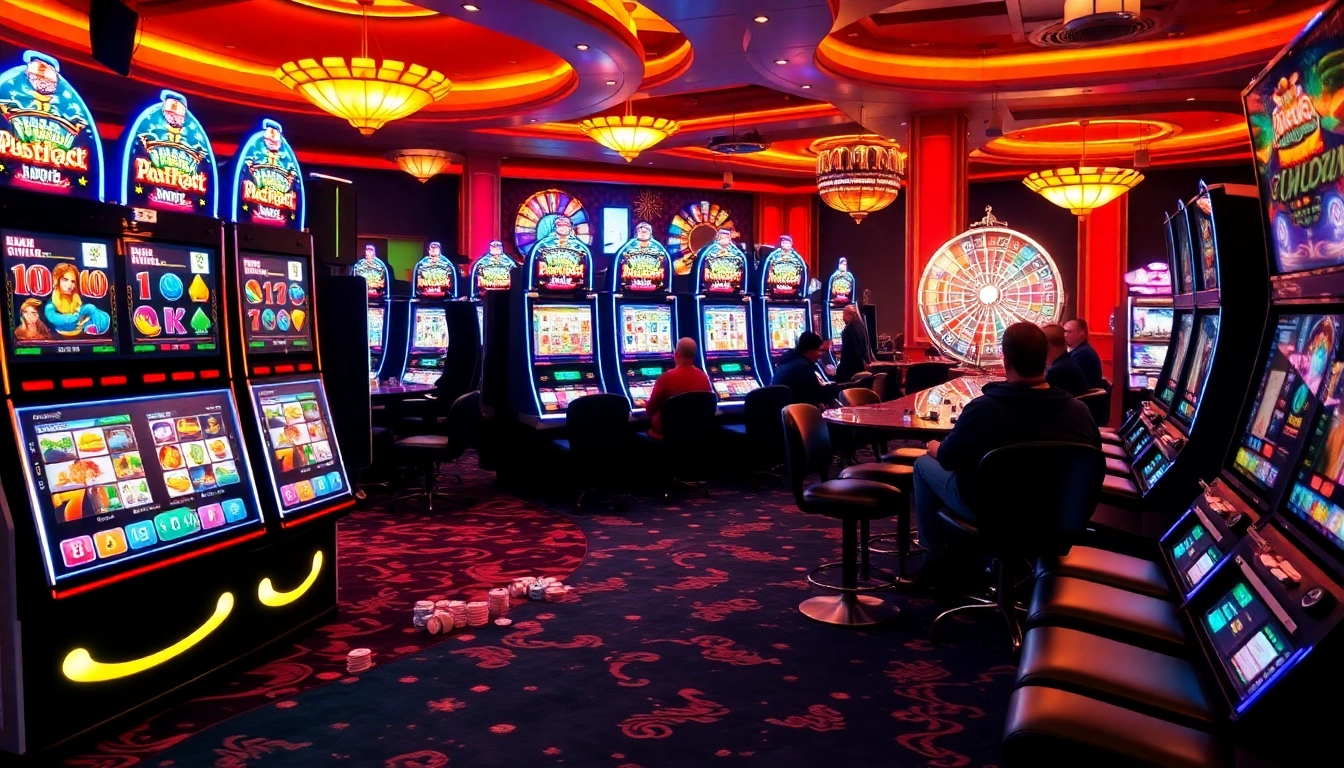 Players enjoying slot pragmatic games amidst vibrant casino lights and luxury decor.