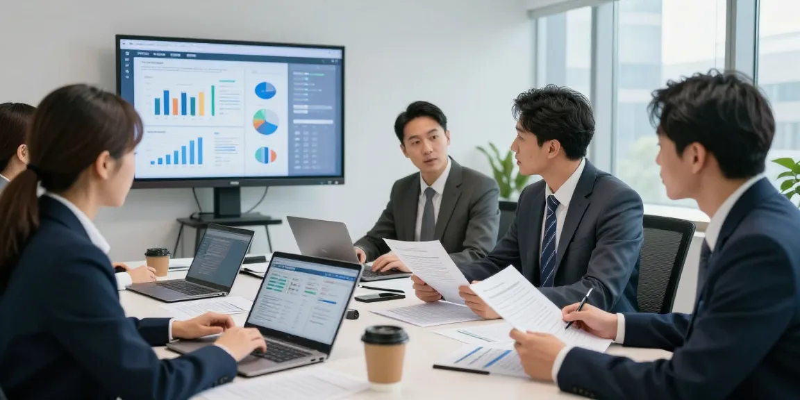 Tim audit forensik di aafikotaserang.org, mendiskusikan analisis data dan berkas kasus di ruang kantor modern.