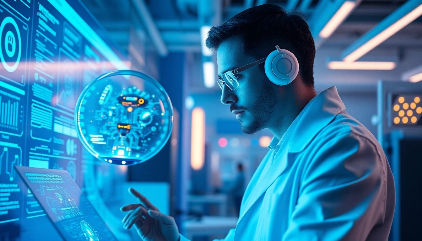 Image to prompt ai showcasing a scientist in a futuristic lab with a hovering robot assistant.
