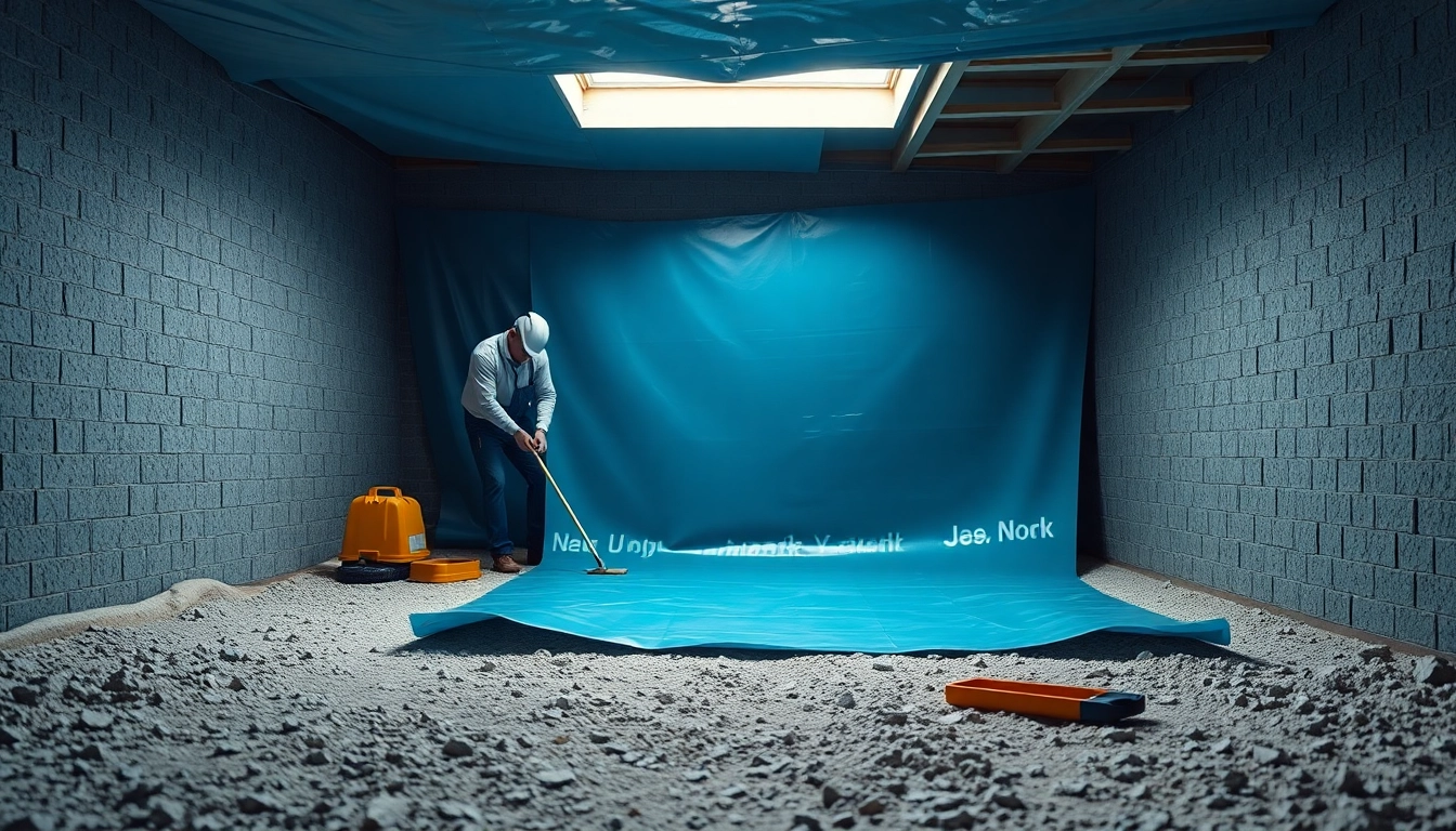 Vapor Barrier Installation in a crawl space by professionals, showcasing a smooth plastic surface and clean surroundings.