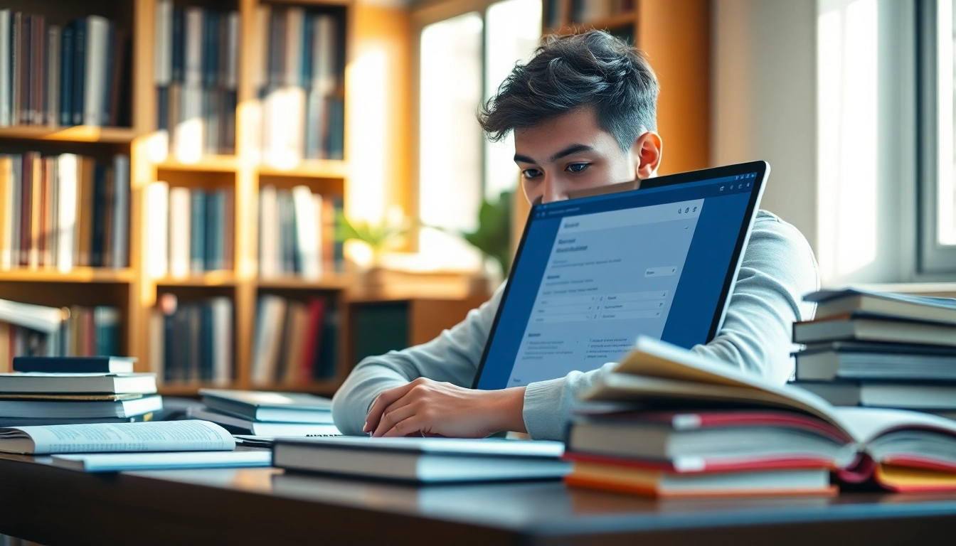 Engaged student using online exams help in a bright study setting.