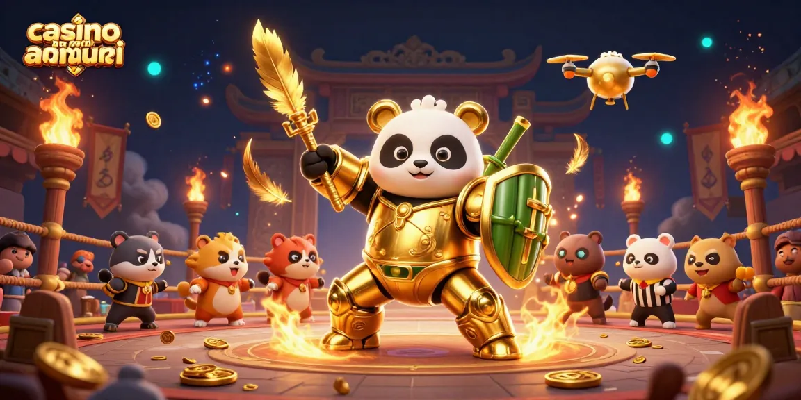 Illustrazione 3D di un panda dorato all'interno di un robot di combattimento in un'arena, con elementi di casino non aams sicuri.