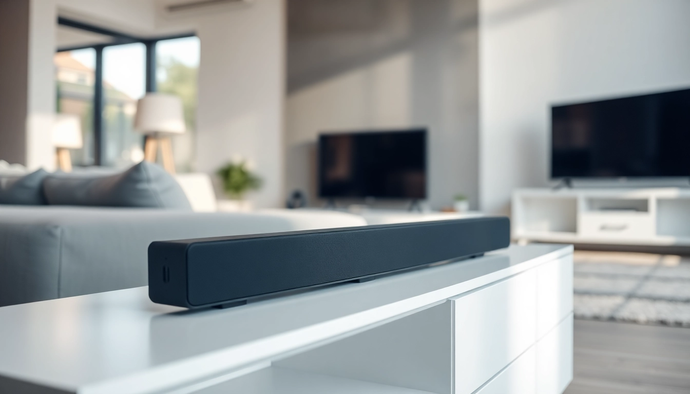Wydajny soundbar w nowoczesnym salonie, doskonały do wysokiej jakości dźwięku.