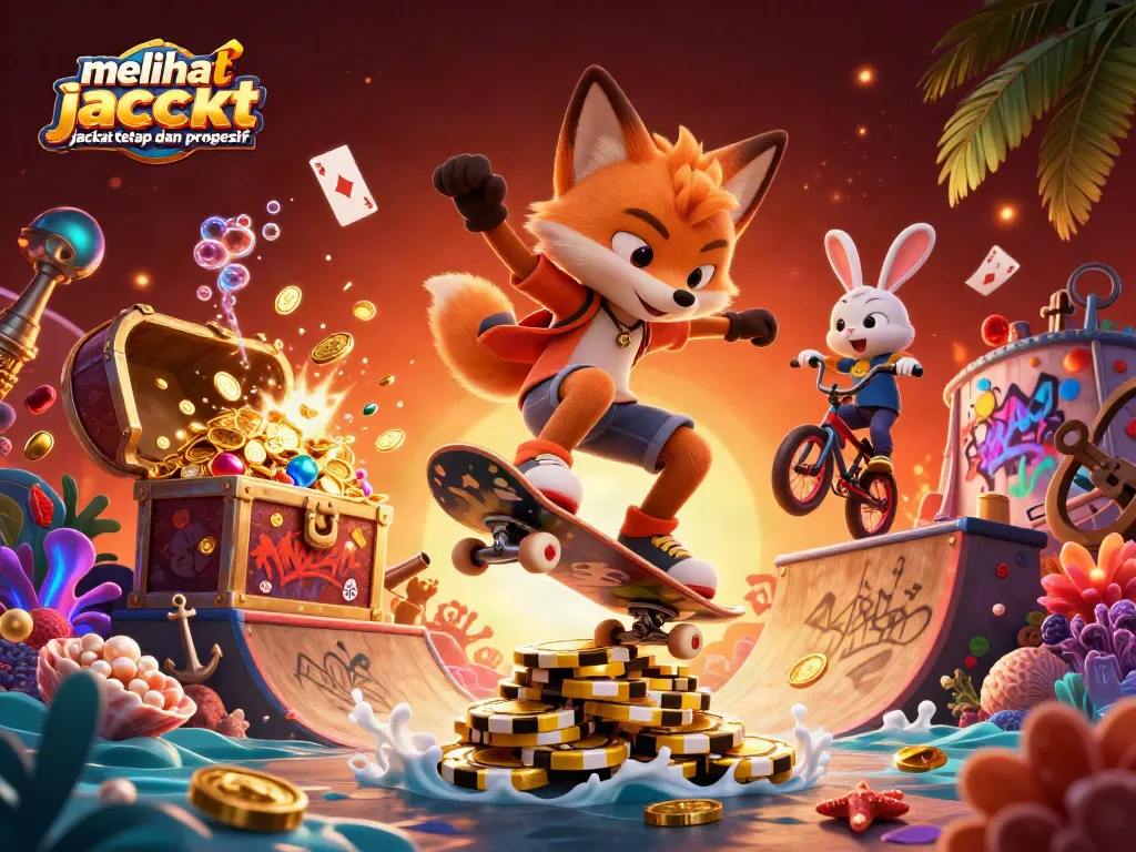 Melihat perbedaan jackpot tetap dan progresif dengan ilustrasi kartun kasino yang dinamis dan penuh warna.
