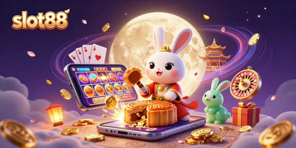 Slot88 memikat pemain dengan ilustrasi 3D kelinci bulan yang memukul kue bulan sambil dikelilingi elemen permainan kasino.