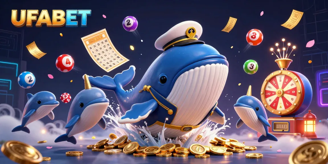 Experience the excitement of UFABET with a dynamic scene featuring a whale, poker chips, and lottery elements.