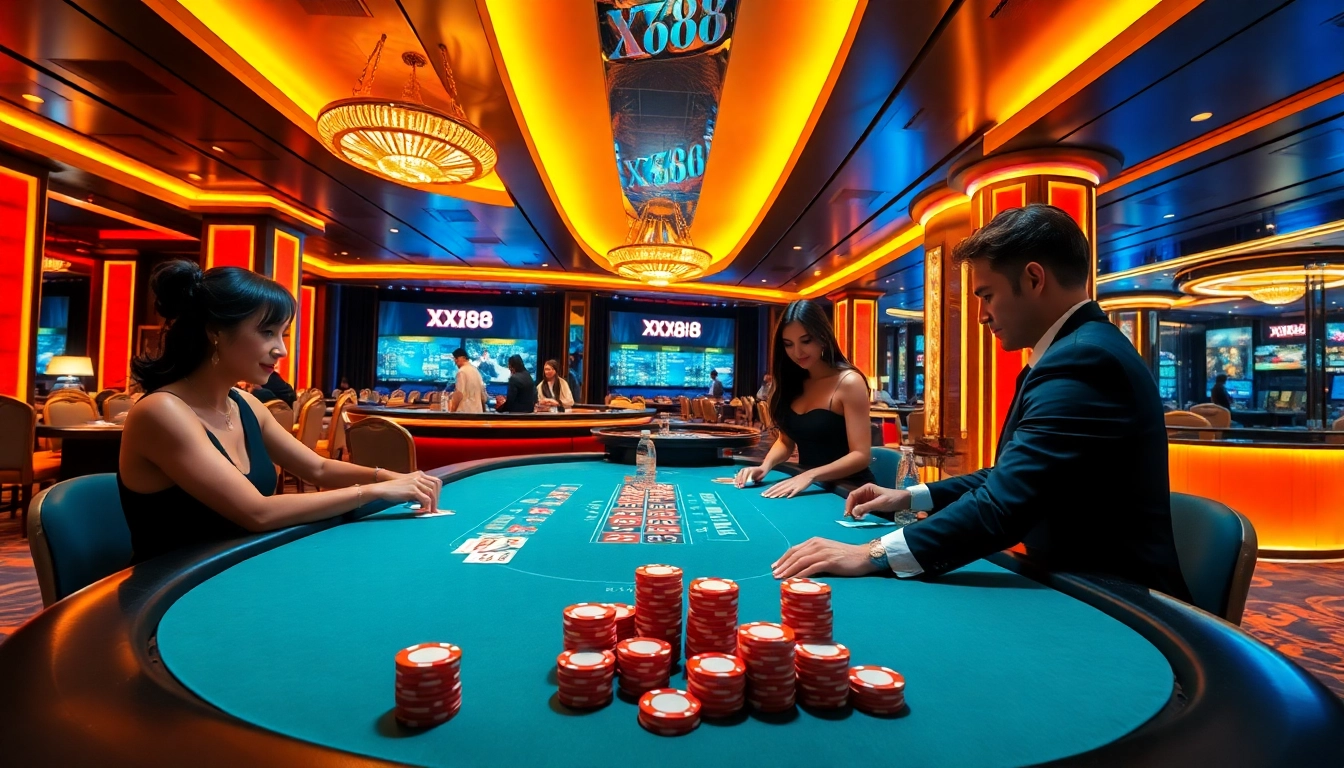 Players enjoying high-stakes poker at XX88, showcasing excitement and luxury in online gambling.