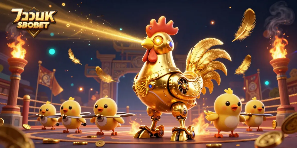 แทงบอล SBOBET showcases a dynamic scene with a golden rooster robot and chick drones in an exciting sports betting arena.