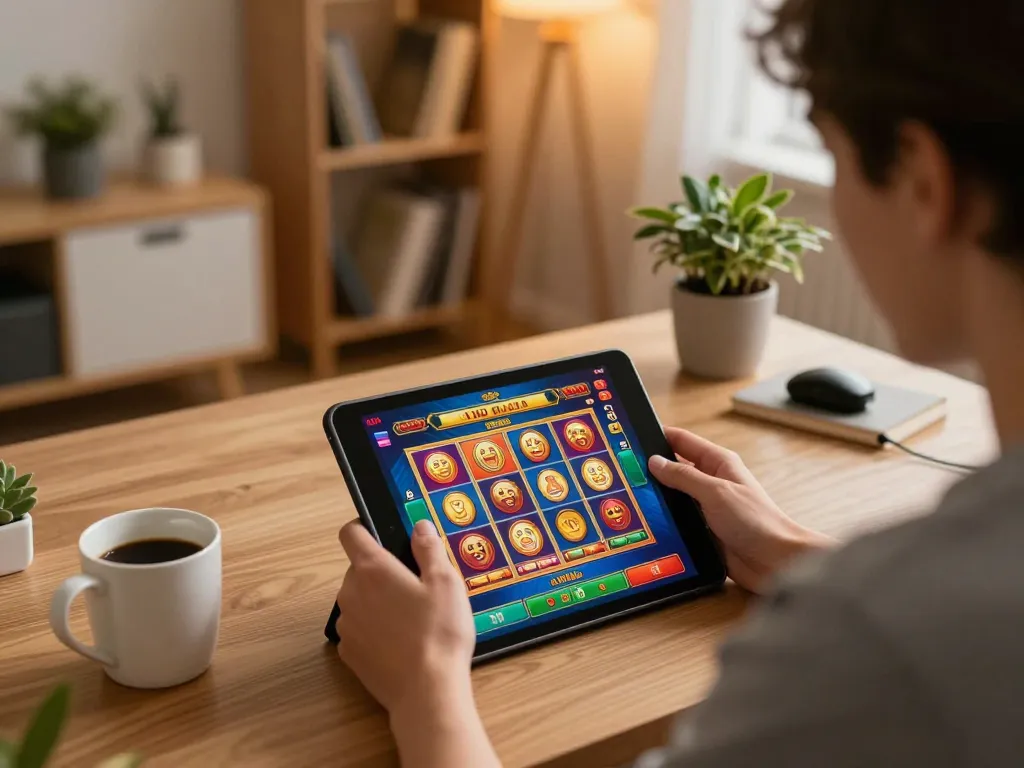 Engaged player enjoying Canada online casinos reddit through mobile gaming experience in a cozy home setting.