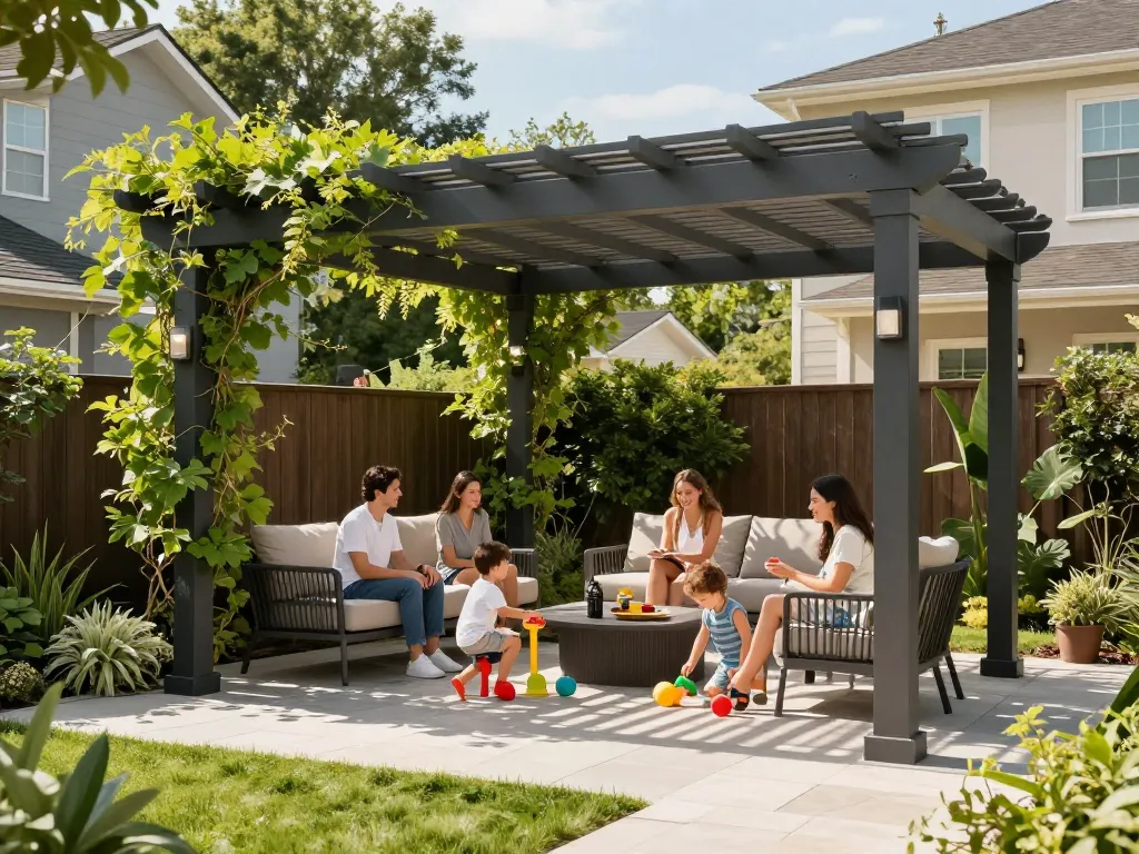 3D pergola configurator showcasing an inviting family gathering under a beautifully designed pergola in a lush garden.