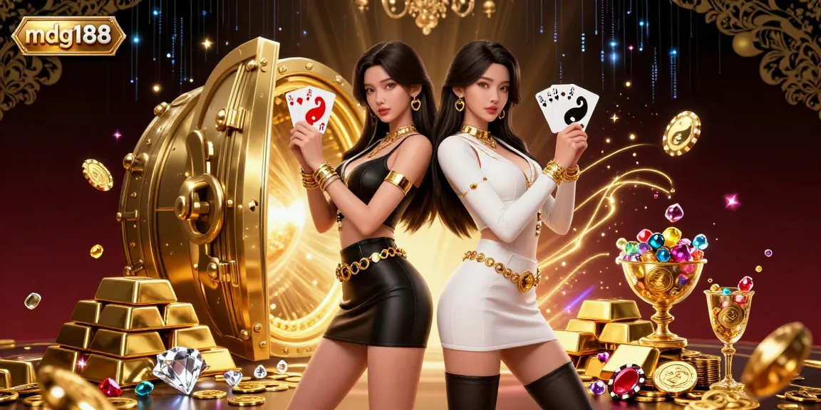 Experience the dynamic energy of mdg188 with twin Asian women showcasing poker skills amidst a dazzling casino backdrop.