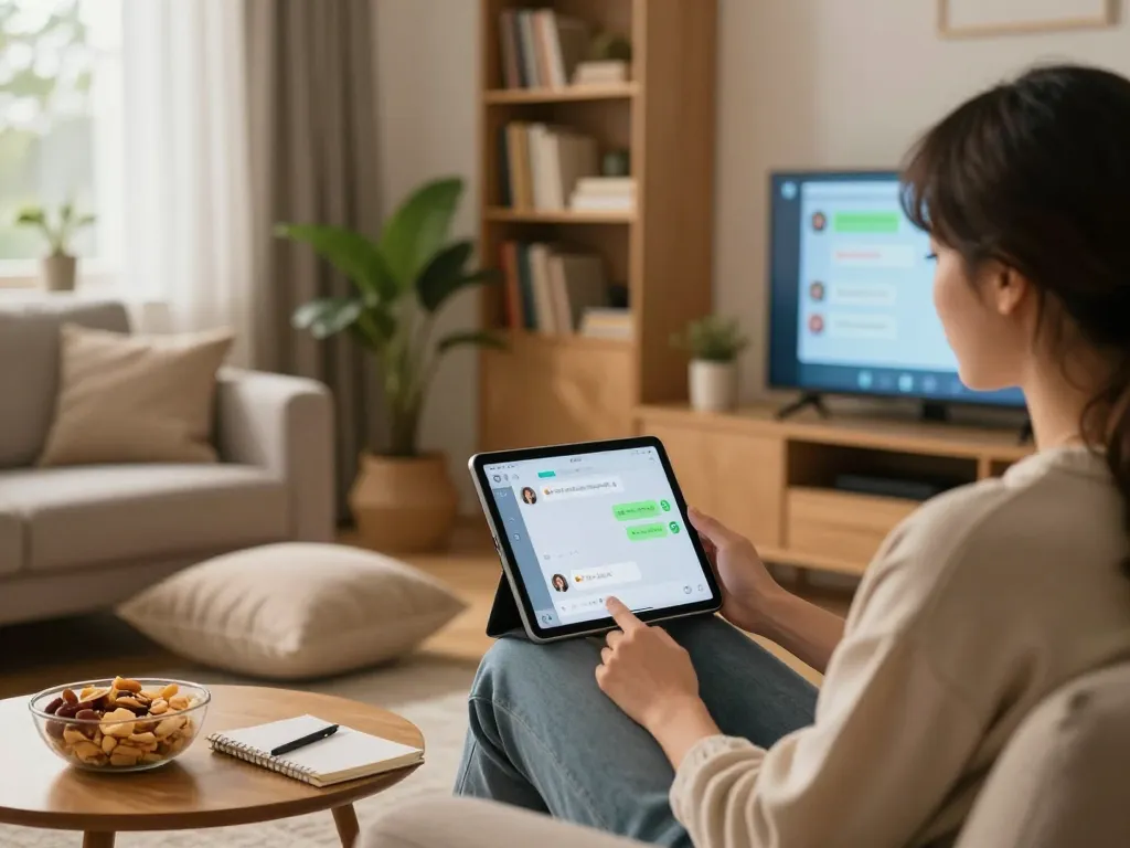 Engaging with an AI girlfriend chatbot in a cozy living room setting, featuring a warm atmosphere.