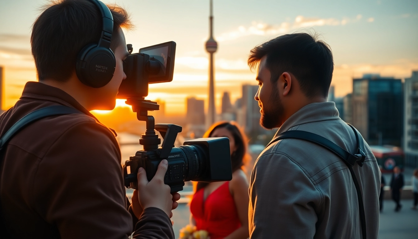 Professional videographers in toronto capturing a couple against the city skyline at sunset.