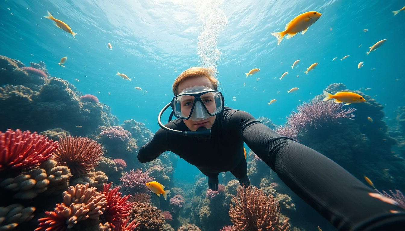 Schnuppertauchen unter Wasser mit einem Taucher, der einen bunten Korallenriff erkundet.