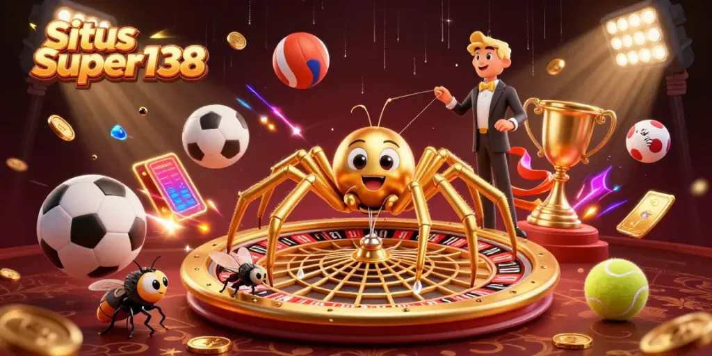 Situs Super138 showcases thrilling bets with a colorful 3D gaming illustration