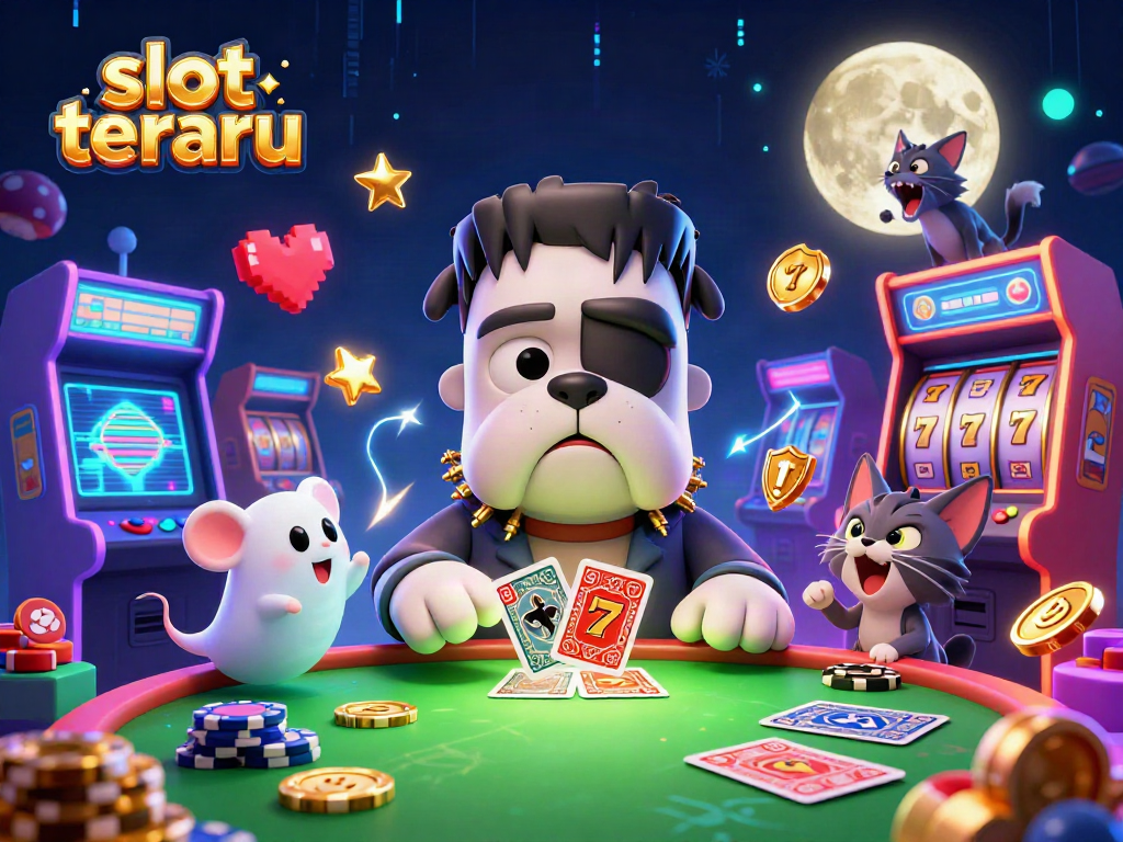 Experience slot terbaru excitement with a spooky casino scene featuring a Frankenstein bulldog and a werewolf kitten.