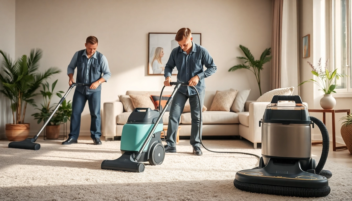 Technicians in a carpet cleaning business demonstrating professional cleaning techniques.