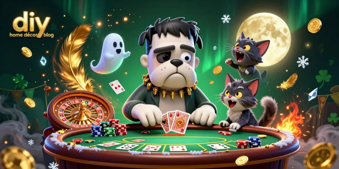 Engaging scene depicting the "diy home décor blog" theme with a cartoon poker game hosted by a Frankenstein bulldog!