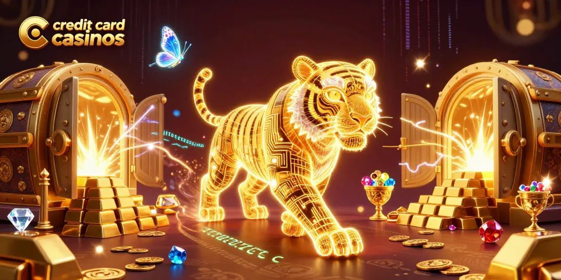 Engage in credit card casinos with dynamic gaming scenes illuminated by treasures and vibrant visuals.