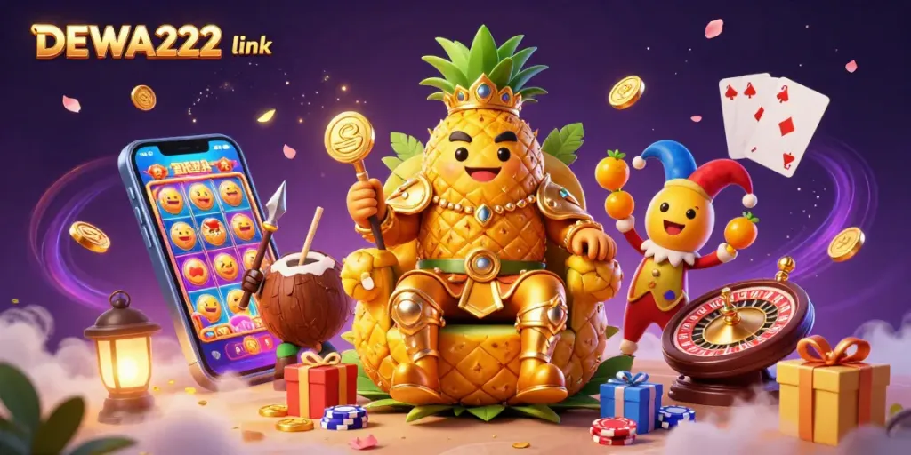 Engage with the DEWA222 link offering a vibrant casino scene featuring a golden pineapple king among playful casino elements.