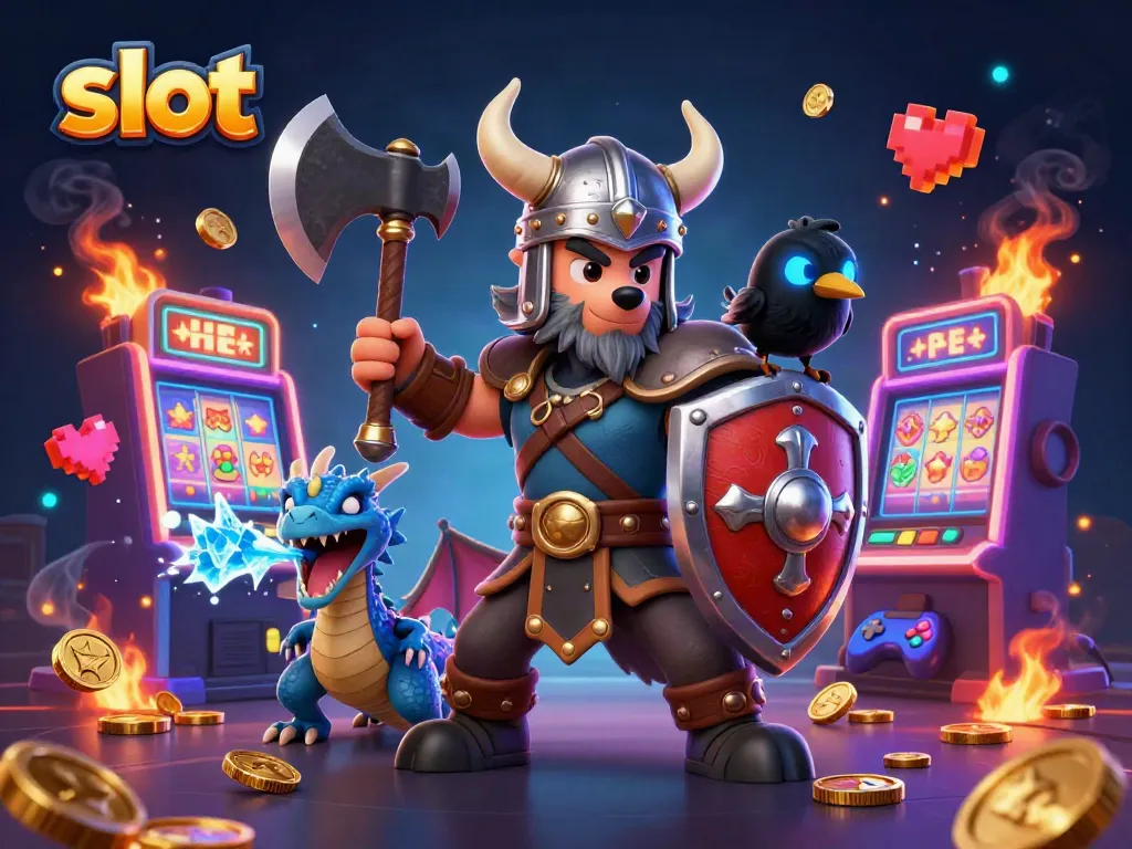 Spin the slots with a powerful Viking wolf warrior, a fierce dragon, and exciting slot machines lighting the scene.