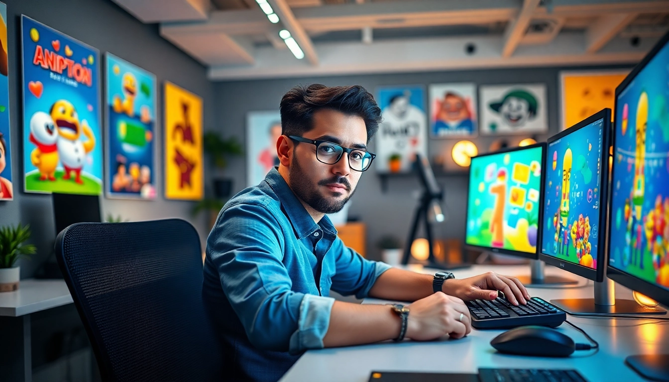 Animation Erstellen kreativ am Arbeitsplatz mit moderner Technologie und lebendigen Farben.