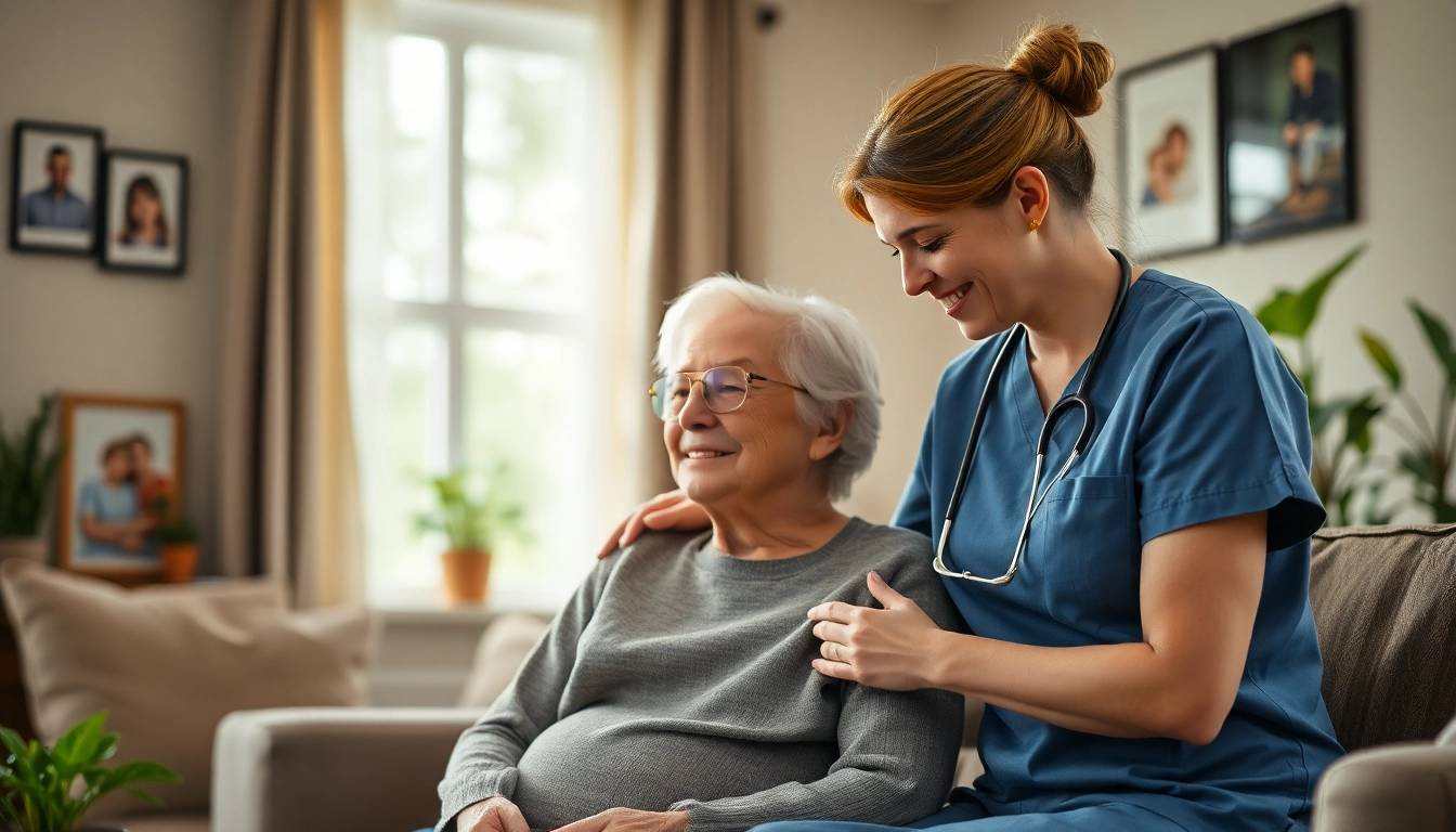 Care at home highlights a caregiver providing support to an elderly individual in a warm setting.