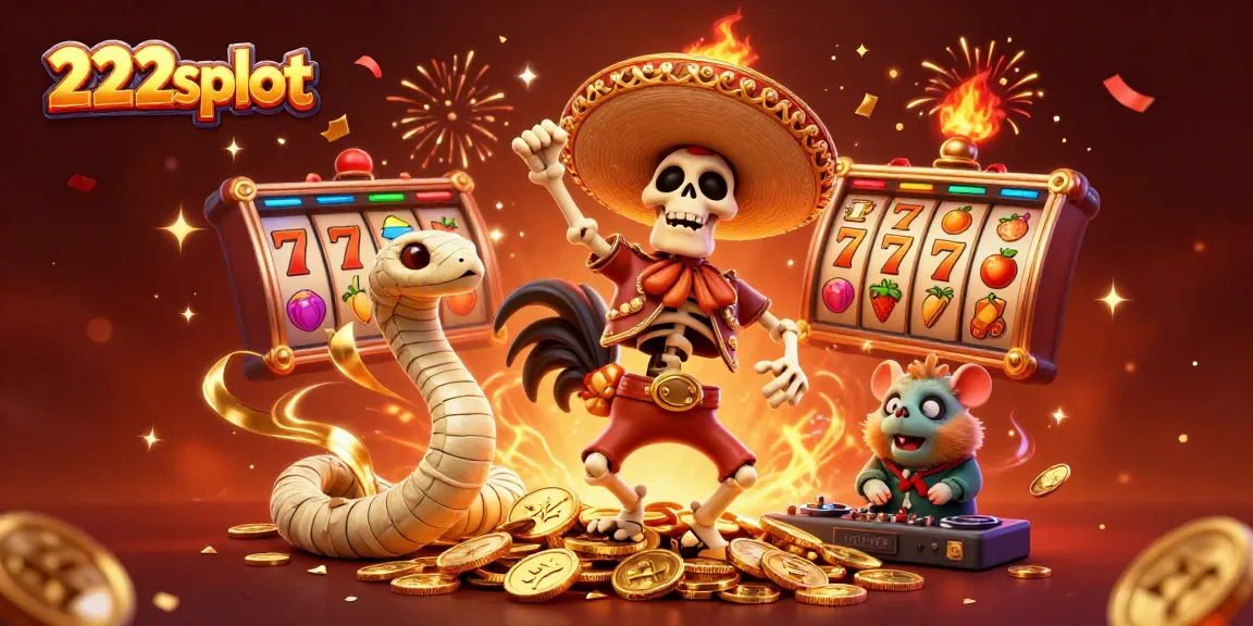 Slot bertema 222slot dengan karakter kartun dan koin emas yang meriah.