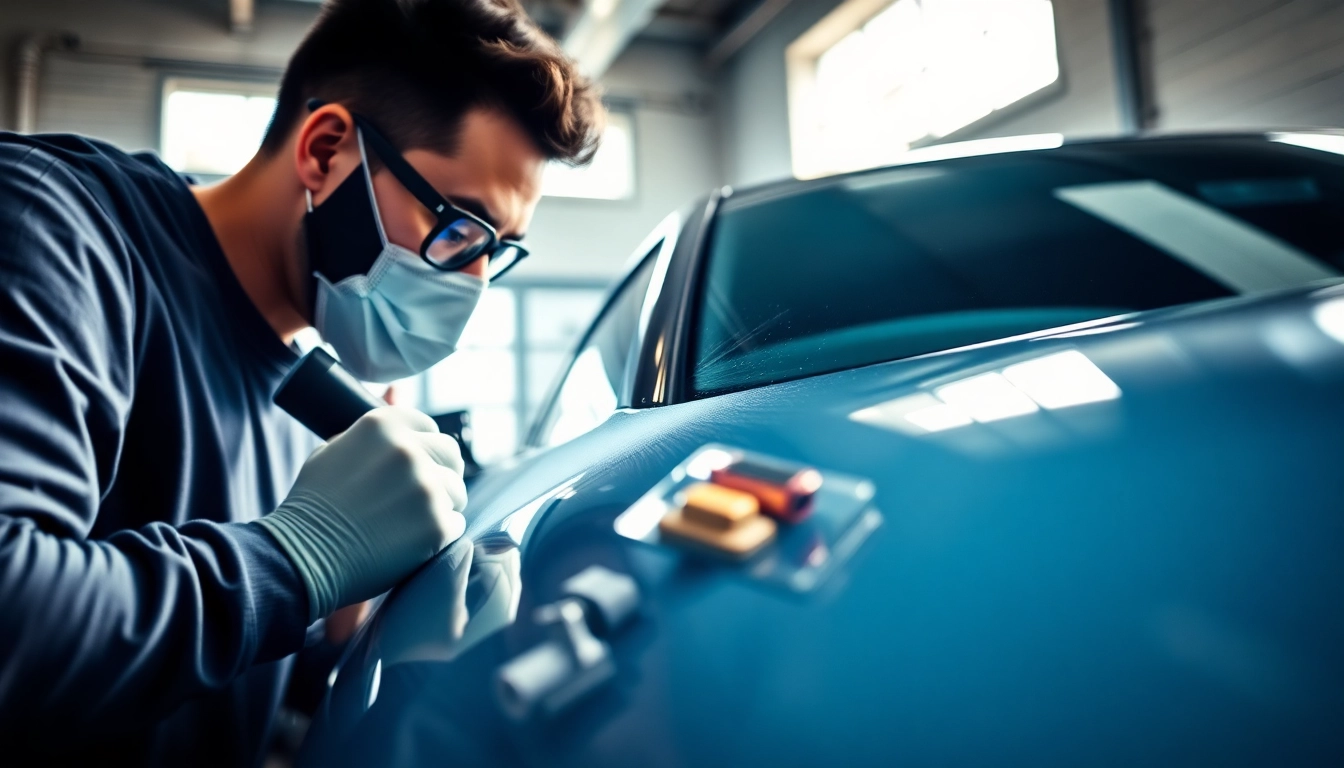 Ceramic coating near me being applied by a detailer on a shiny vehicle in a garage.