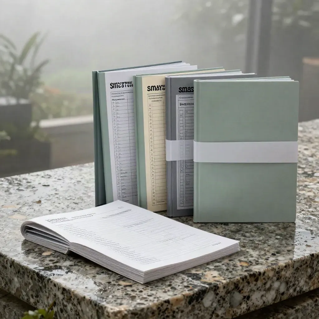 Premium Smart Buy Guide bundle of booklets, comparison cards, and sealed packs on rain-damp travertine.