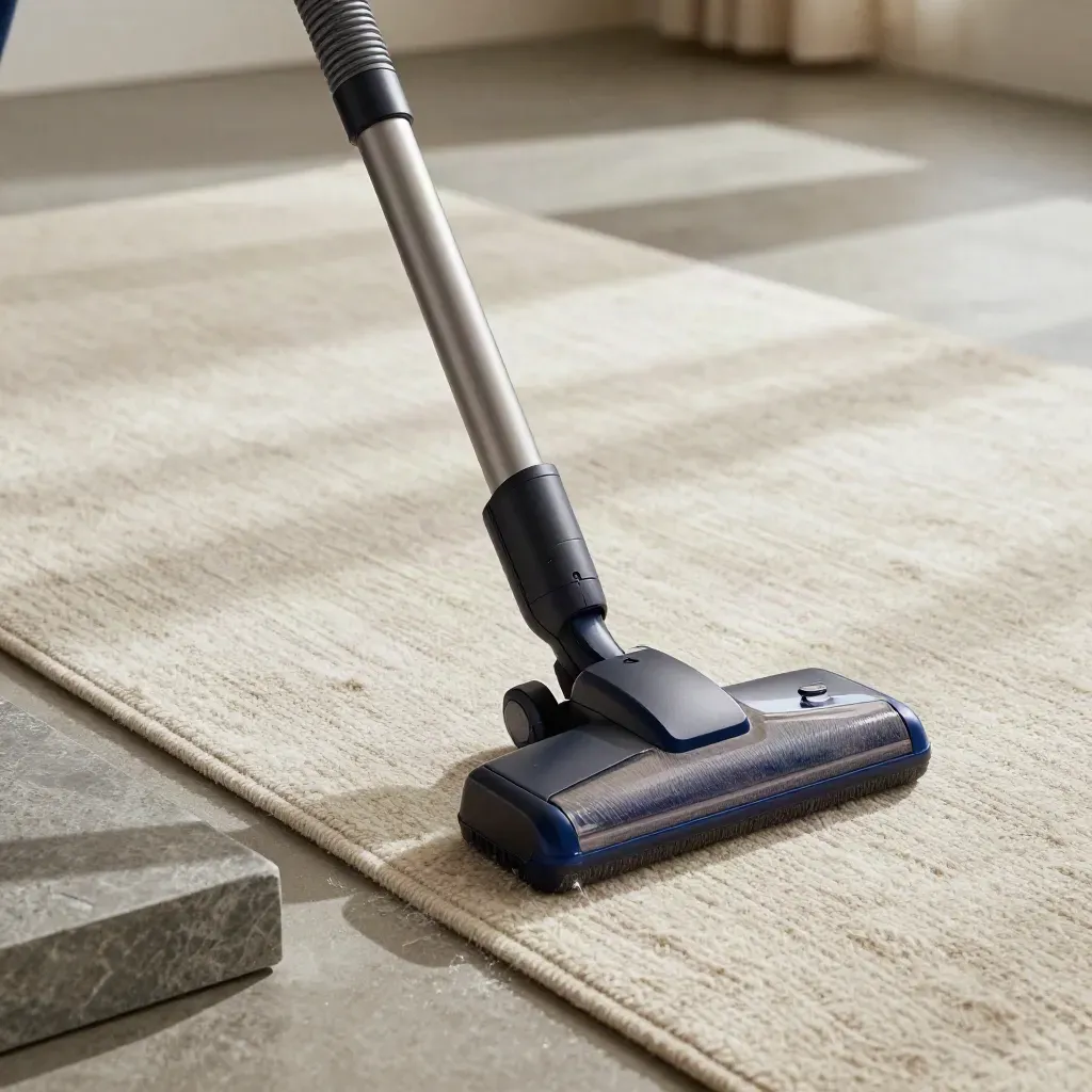 Low side view of an upright vacuum sweeping past a rolled wool rug with pet hair and stone baseboard.