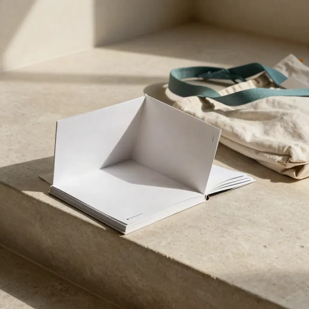 Spring guide pack folio, booklet, and tote sliding open on pale stone in warm daylight.