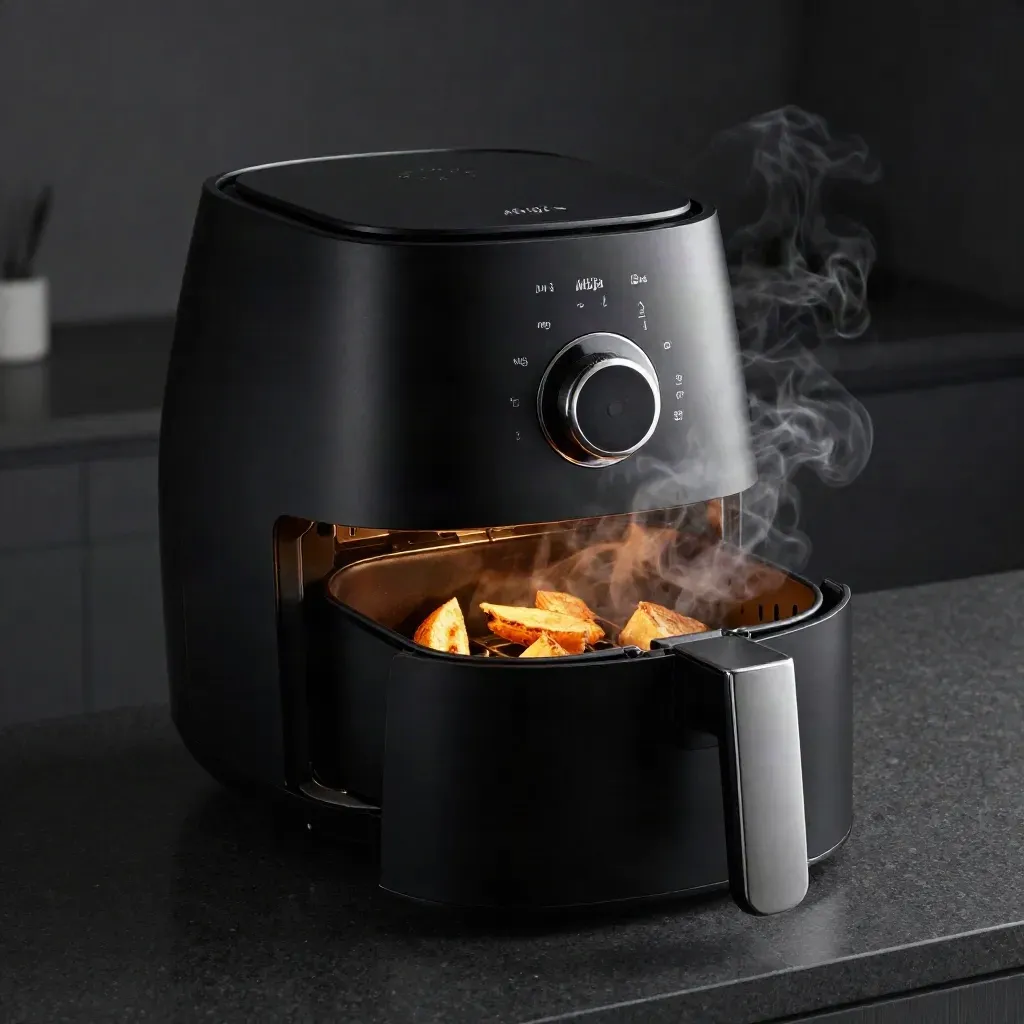 Matte-black air fryer with basket open, steam rising and roasted wedges on a dark studio surface.
